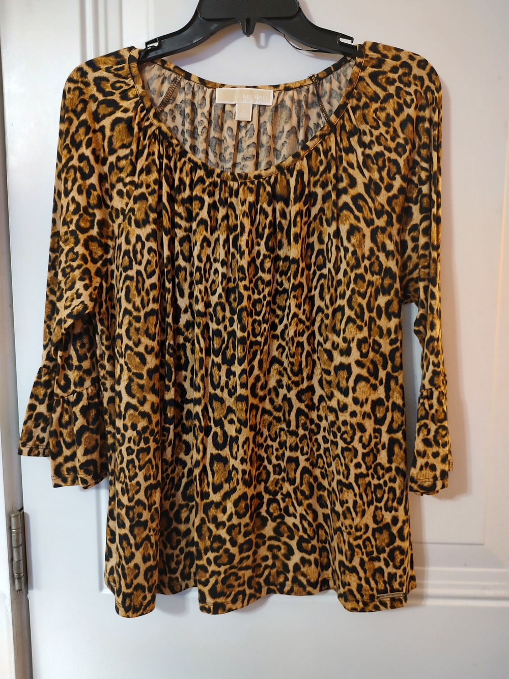Michael Kors Leopard Print Scoop Neck Women's Top - Black and Tan